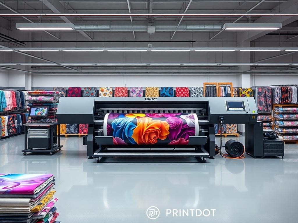 A realistic high-resolution image of the PRINTDOT F1-2216 Industrial Body Sublimation Printer with 8 heads in operation at a textile manufacturing facility. The printer should be surrounded by colorful fabric samples, showcasing vibrant prints. The workspace should appear organized and modern, emphasizing the printer’s efficiency and advanced technology.