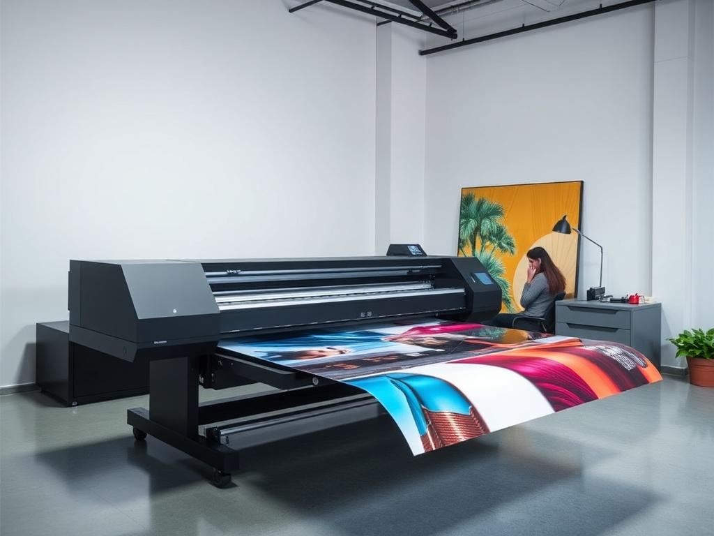 A realistic high-resolution image of the COLORJET UV6090 Flatbed UV Printer in a professional printing studio. The printer should be shown with various rigid materials like acrylic and metal being printed on, highlighting the quality and versatility of the prints. The setting should be clean and modern, showcasing a high-tech printing environment.