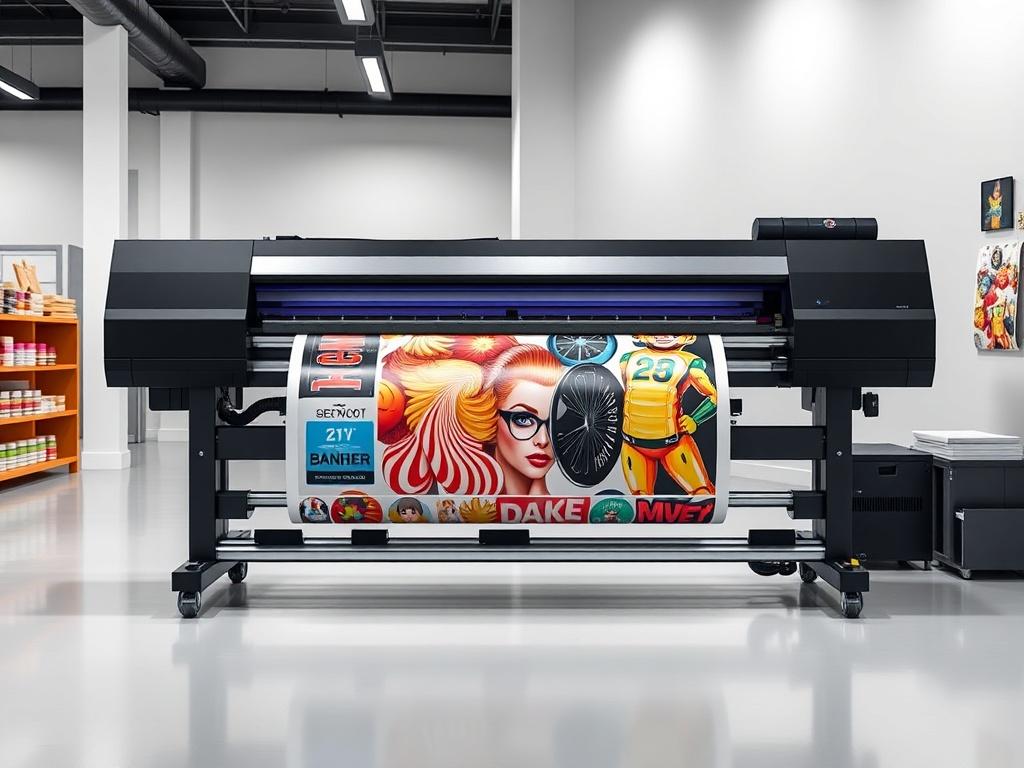 A realistic high-resolution image of the PRINTDOT Eco Solvent Printer 6 Feet in a modern printing facility. The printer should be prominently displayed with vibrant prints in the background, showcasing flex banners and vinyl stickers. The environment should have clean lines, minimalistic design, and a well-lit atmosphere, emphasizing the printer's advanced technology and capabilities.