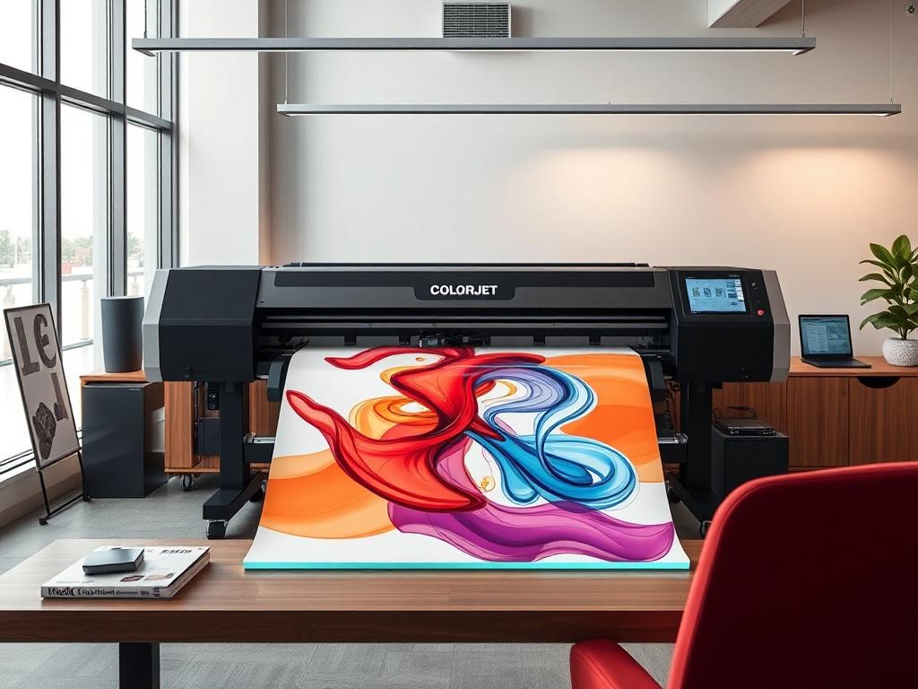 A striking high-resolution image of the COLORJET UV6090 Flatbed UV Printer in a sophisticated workspace. The printer should be shown with various rigid materials like acrylic and glass being printed on. The environment should reflect professionalism and innovation.