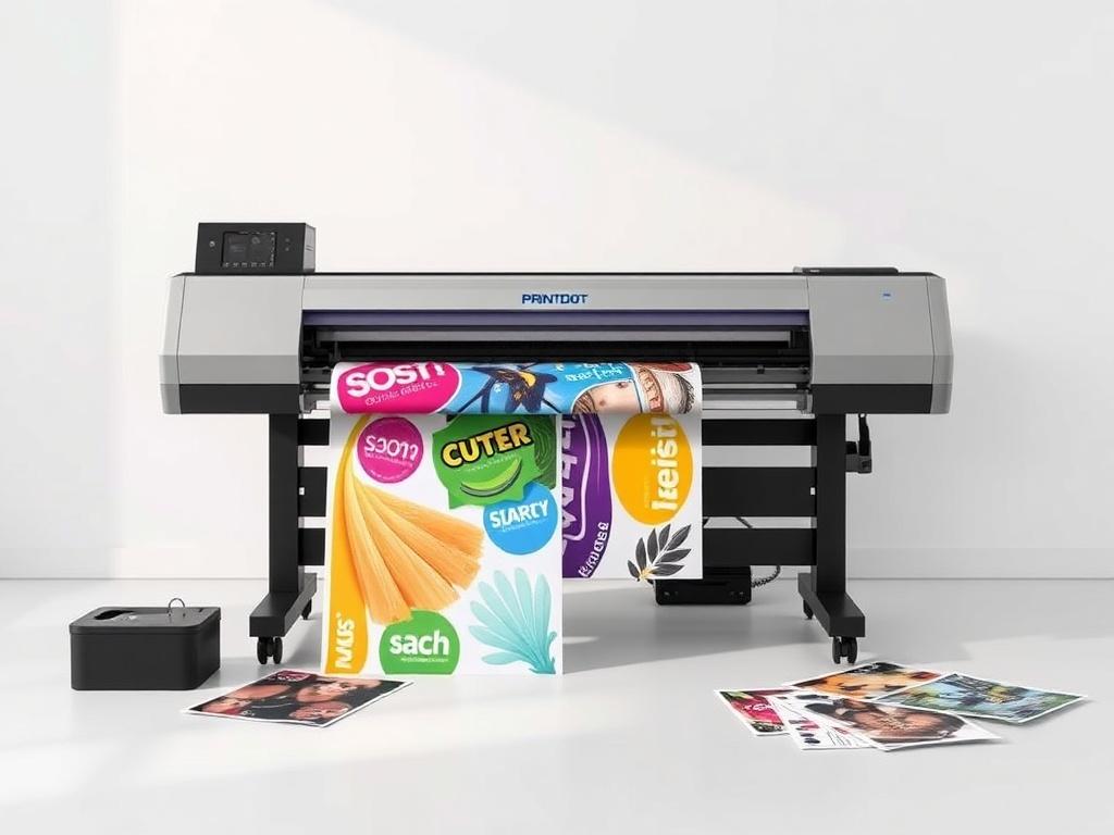 A high-resolution image of the PRINTDOT Eco Solvent Printer in a clean, minimalistic setting. The printer should showcase its sleek design, with vibrant printed materials like flex banners and stickers displayed prominently around it. The background should be simple, emphasizing the printer and its output, with soft lighting to highlight its features.