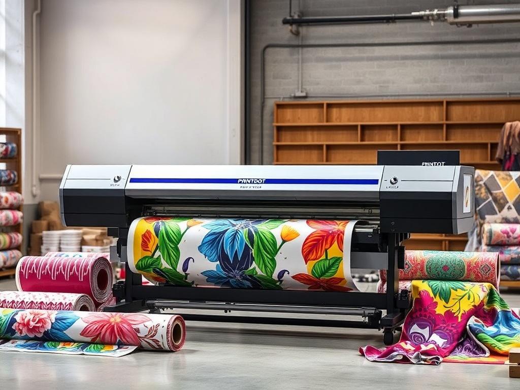 A detailed high-resolution image of the PRINTDOT F1-2216 Industrial Body Sublimation Printer in action, with colorful fabric rolls and vibrant printed textiles around it. The setting should be modern and industrial, showcasing the printer's capabilities to produce high-quality sublimation prints.