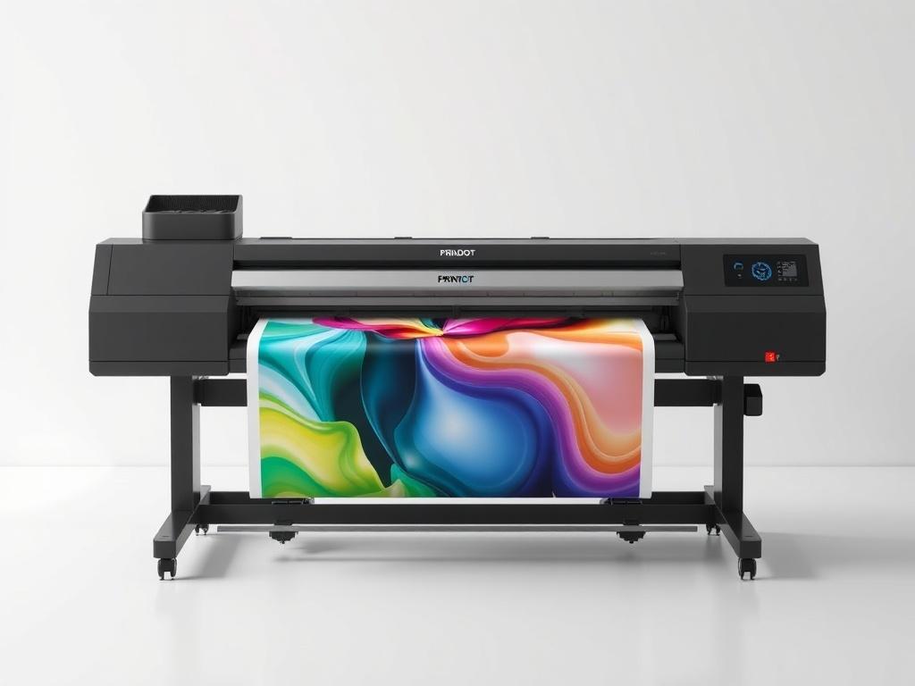 A high-resolution image of the PRINTDOT Eco Solvent Printer 6 Feet in a clean, minimalistic environment, showcasing its dual Epson i3200 heads. The printer is set against a light background with negative space emphasizing its sleek design. The focus is on the printer's operational interface and print output, demonstrating vibrant colors and clarity.