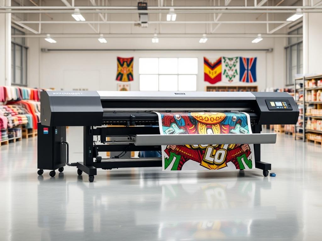 A realistic image of the PRINTDOT F1-2216 Industrial Body Sublimation Printer with 8 heads, displayed in a spacious printing facility. The focus is on its sleek design and advanced technology, capturing vibrant printed fabrics in the background. The environment is clean and organized, highlighting the printer's efficiency and professional use.