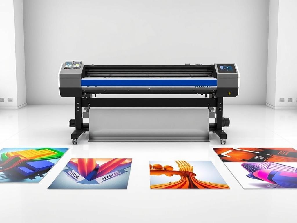A high-quality image of the COLORJET UV6090 Flatbed UV Printer positioned in a professional printing environment. The printer showcases its dual Epson i3200 heads and is surrounded by colorful samples printed on acrylic and metal materials. The layout is minimalistic, emphasizing the printer's capabilities and technology.