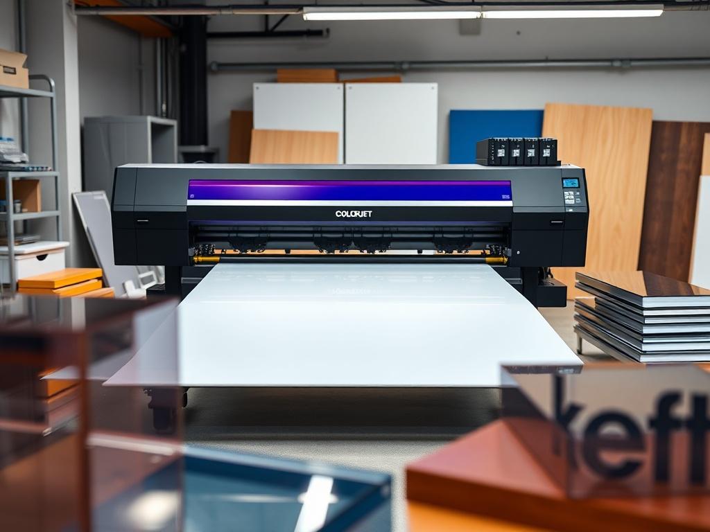 A realistic high-resolution image of the COLORJET UV6090 Flatbed UV Printer with Dual Epson i3200 Heads, displayed in a professional printing studio. The printer should be surrounded by various rigid materials like acrylic and metal, showcasing its versatility. The focus should be on the printer's details and capabilities.