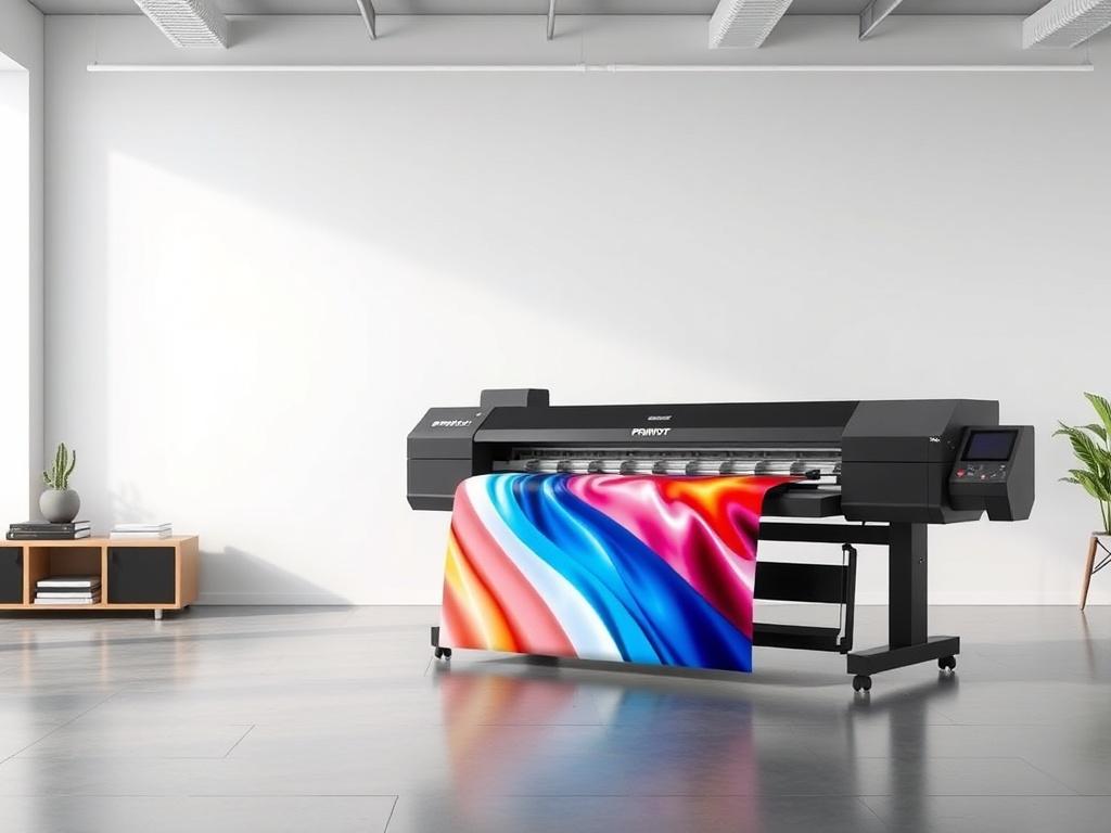 A realistic high-resolution image of the PRINTDOT F1-2216 Industrial Body Sublimation Printer – 8 Head Epson i3200, set in a professional printing environment. The printer should be depicted in action, with colorful fabric being printed. The background should be clean and modern, emphasizing the printer's advanced technology and efficiency.