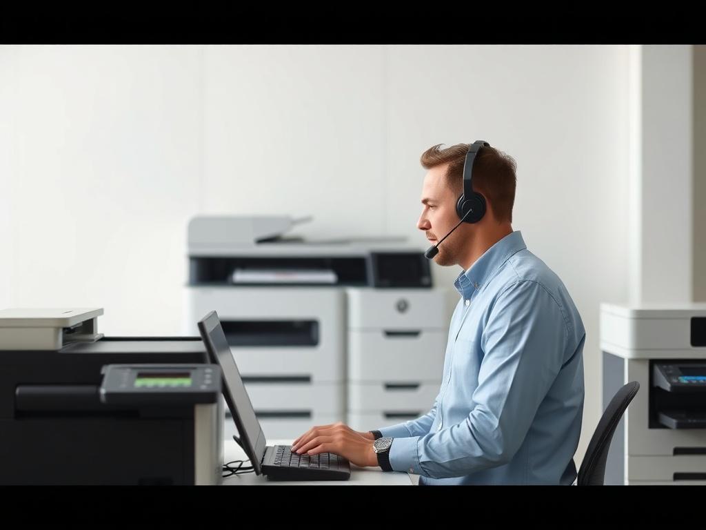 A high-resolution image depicting a technical support expert on a phone call, surrounded by digital printing machines in a clean, modern workspace. The background should be minimalistic, emphasizing the expert's focus and the advanced technology around them.