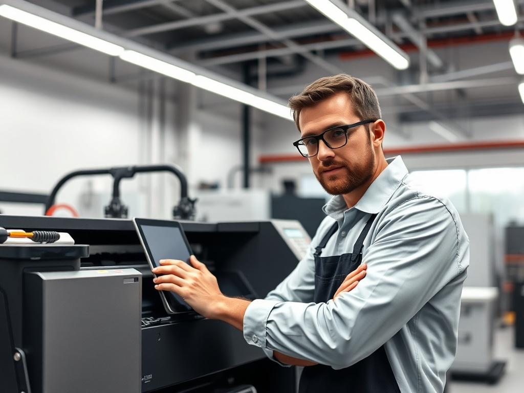 A high-resolution image showing a certified engineer installing a digital printing machine in a well-lit workshop. The engineer should be focused and professional, with a backdrop of advanced printing equipment and tools.