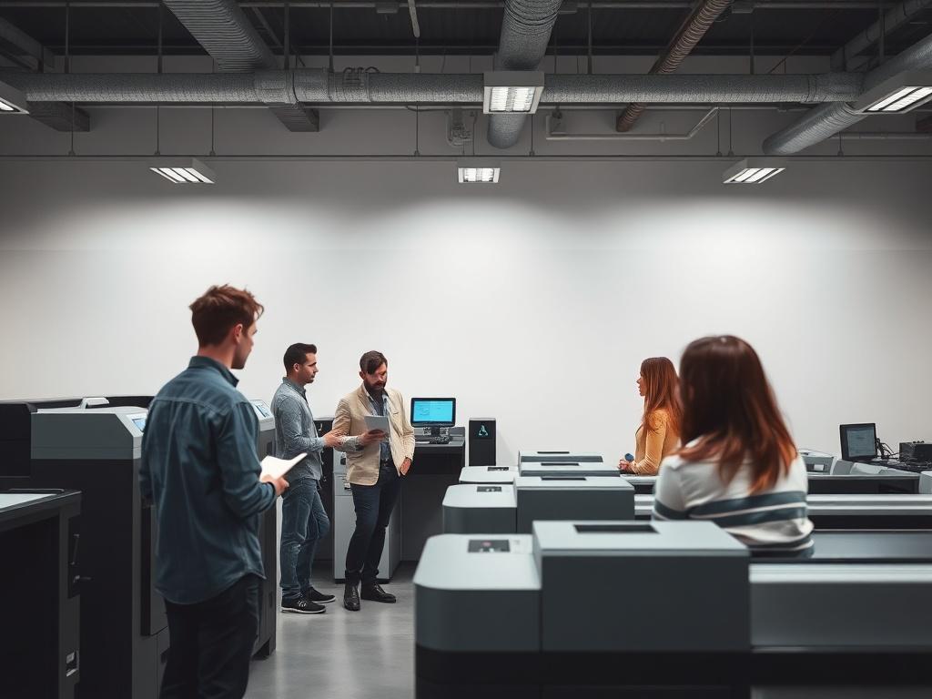 A high-resolution image illustrating a training session in progress, with a knowledgeable instructor guiding a group of trainees near digital printing machines. The environment should be interactive and engaging, showcasing the learning experience.