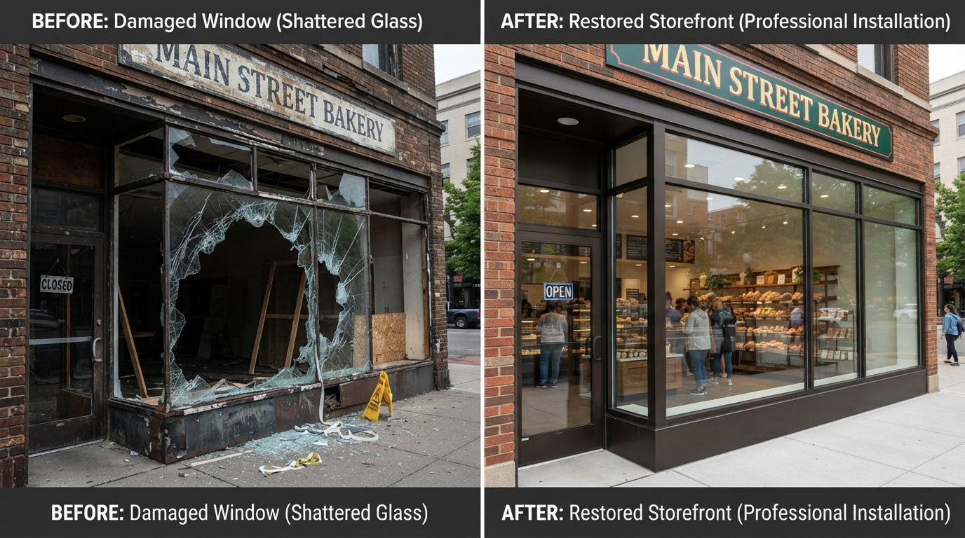 Before and after commercial glass restoration