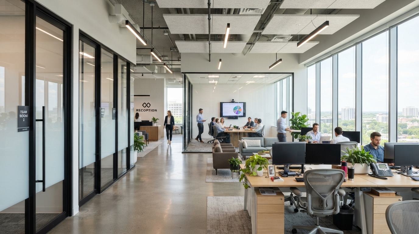 Contemporary office interior with glass partitions