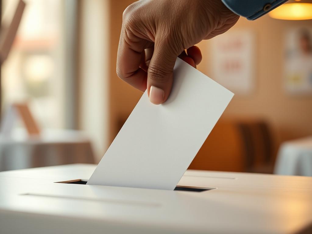 Create a realistic high-resolution photo featuring a close-up of a voting ballot being placed into a ballot box. Capture the moment with a Hispanic hand gently pushing the ballot in, symbolizing civic engagement. The background should be blurred to emphasize the ballot box, and warm lighting should create an inviting, hopeful atmosphere.