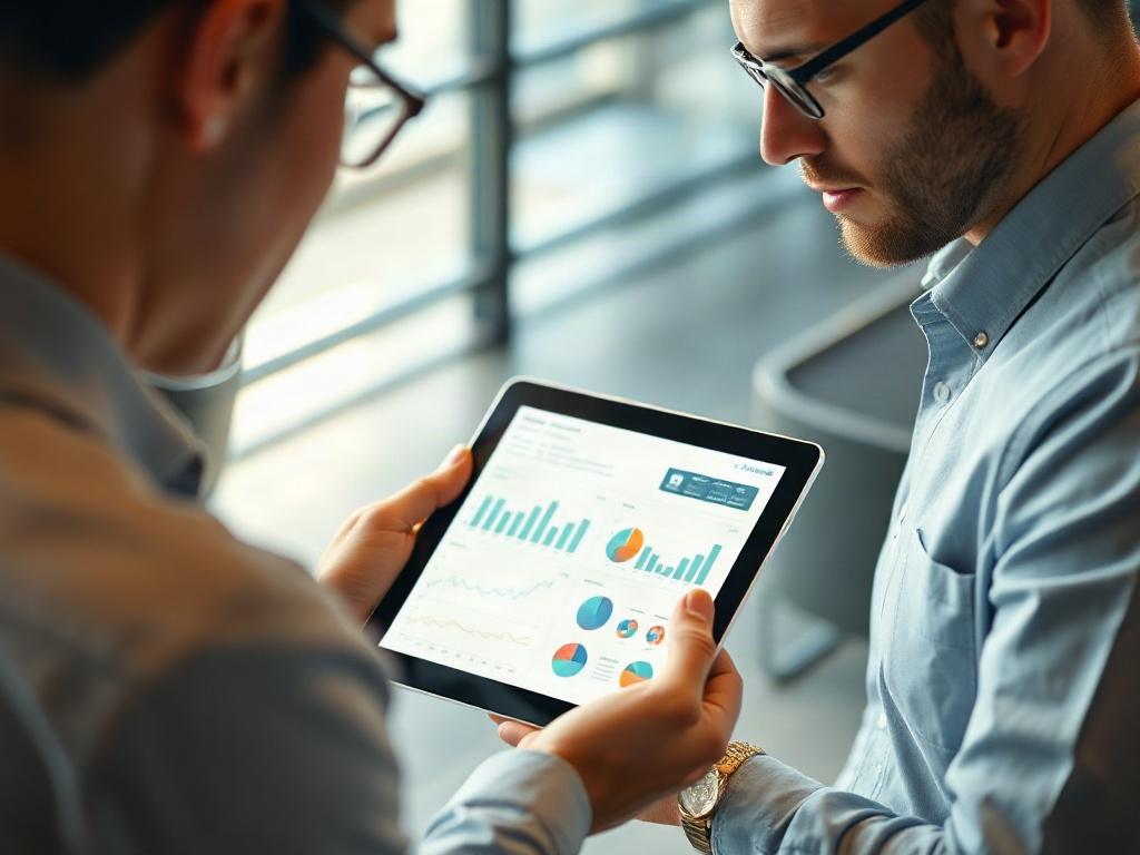 A close-up shot of a business consultant analyzing risk assessment charts on a digital tablet. The background shows a modern office setting with a focus on professionalism. The consultant is engaged in discussion with a client, highlighting collaboration and strategic planning. The lighting is warm and inviting, enhancing the focus on the tablet's screen.