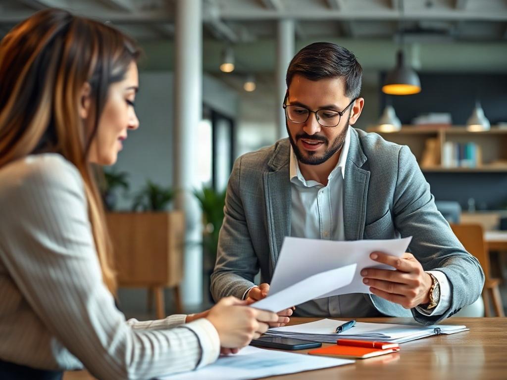 A close-up shot of a claims advocate assisting a business owner with claim documents in a modern office setting. The advocate is actively listening and providing advice, showcasing a supportive atmosphere. The background conveys a sense of professionalism and trust, with relevant documents and tools visible.