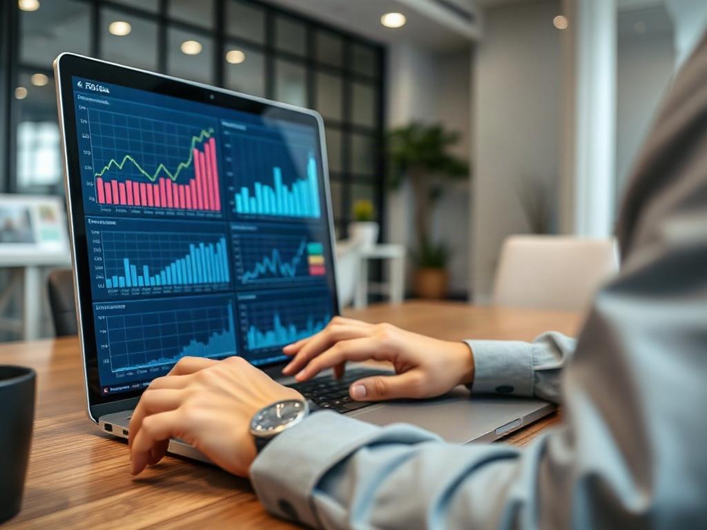 A close-up shot of a business professional analyzing risk assessment data on a laptop, with charts and graphs displayed on the screen. The background features a modern office setting with soft lighting, conveying a sense of focus and professionalism. The image should be hyper-realistic, shot with a 45mm f/1.2 lens, emphasizing the subject's concentration on the task.