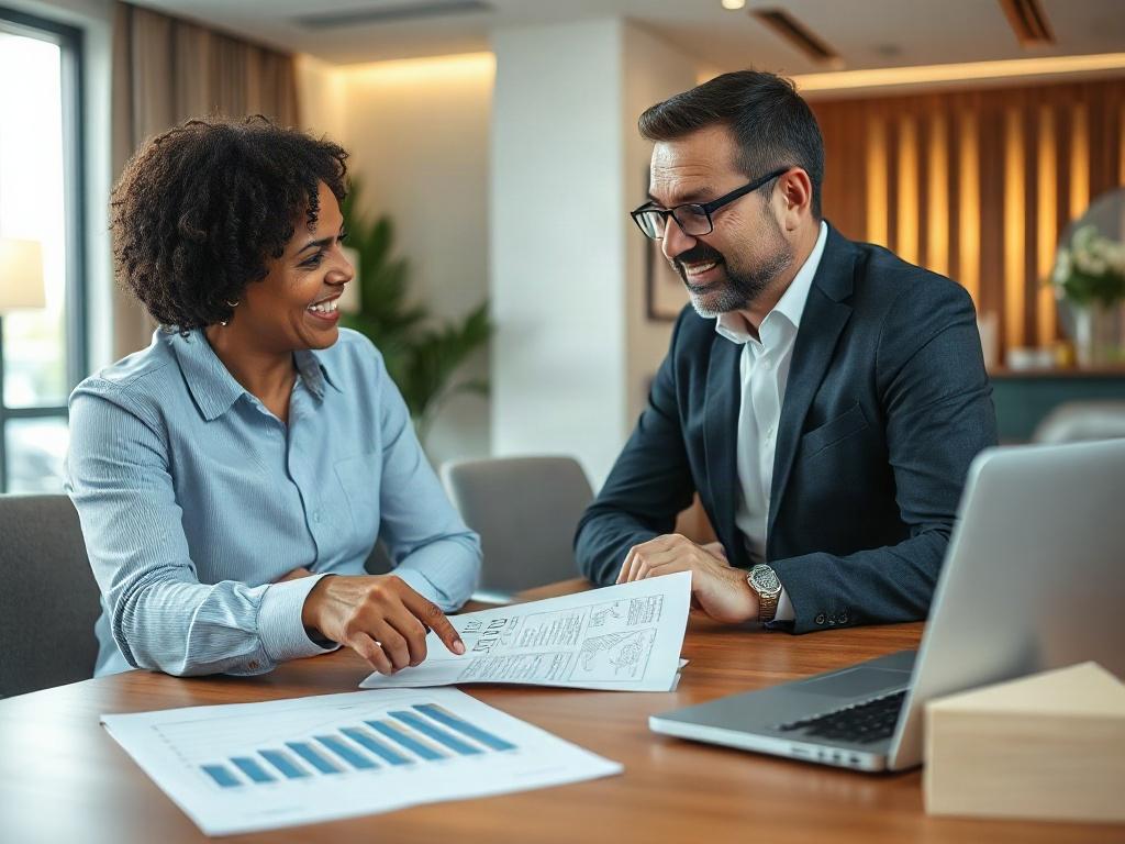 A hyper-realistic image of an insurance consultant discussing tailored insurance options with a client in a modern office. The consultant points to a document with insurance policy illustrations on the table, capturing an engaging conversation. The background should reflect professionalism and warmth, using soft lighting and contemporary decor.