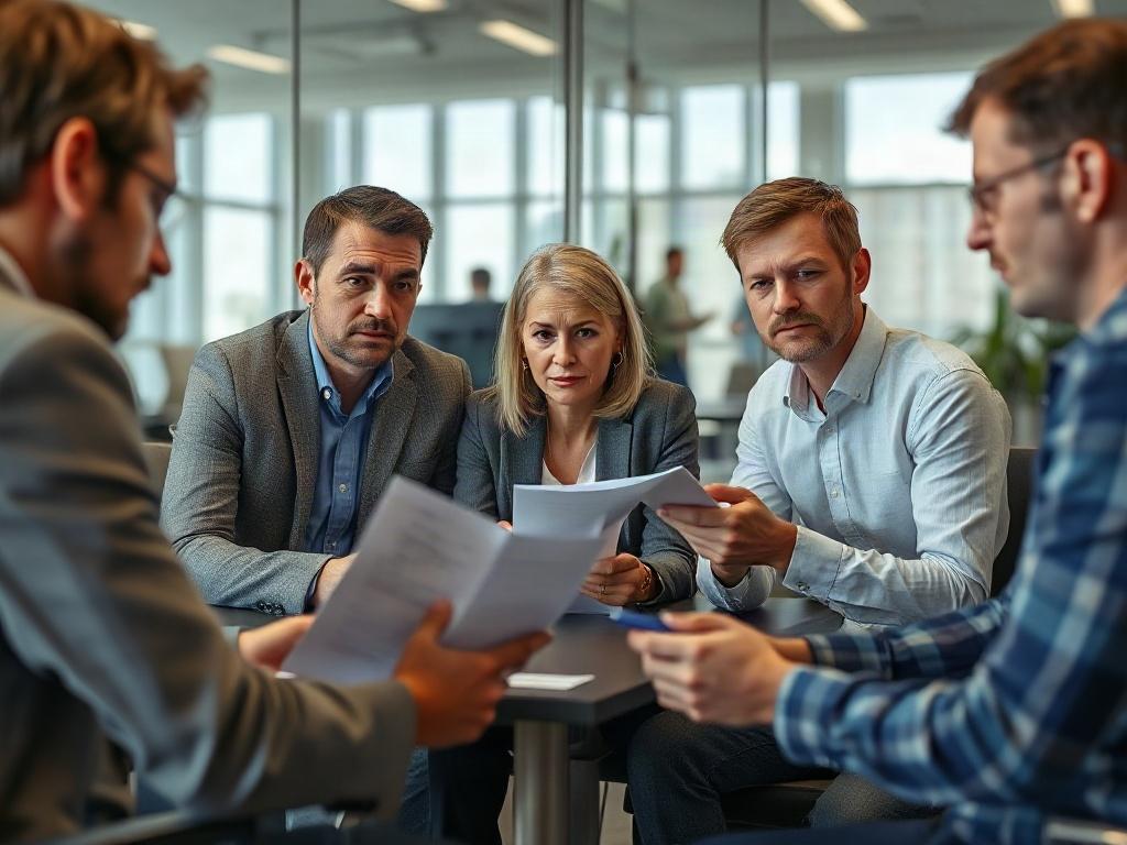 A close-up shot of a team meeting focused on risk management strategies, with professionals discussing plans and reviewing documents. The participants are engaged and exchanging ideas, set against a backdrop of a modern conference room. The image should be hyper-realistic, captured with a 45mm f/1.2 lens, showcasing collaboration and dedication to risk management.
