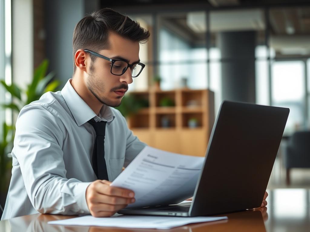 A close-up shot of a professional insurance agent at their desk, reviewing documents and using a laptop, with a focused expression. The background features a modern office environment with subtle greenery to reflect a vibrant atmosphere. The lighting is bright and inviting, showcasing the agent's concentration and dedication. The color scheme aligns with rgb(50, 170, 39), creating a cohesive visual representation of the insurance management service.