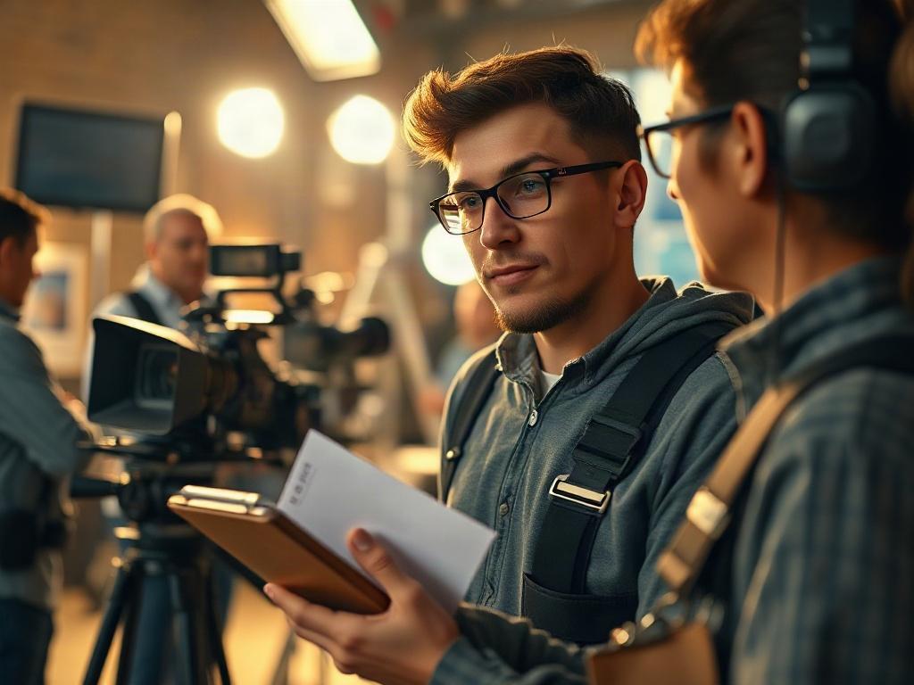 A highly detailed and realistic close-up shot of a film set with a focus on a director holding a clipboard, surrounded by crew members managing equipment. The background shows a camera and lights set up, creating an atmosphere of creativity and teamwork. The lighting is warm and inviting, capturing the energetic vibe of a production environment. The image emphasizes the director's concentrated expression, showcasing the collaboration in the entertainment industry.