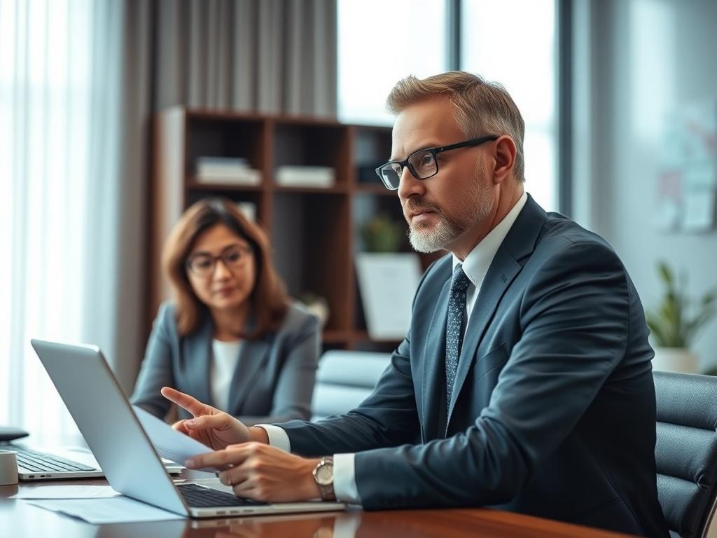 A professional insurance consultant in an office setting, discussing insurance options with a client. The consultant is focused and engaged, showcasing expertise and trustworthiness. The background includes a well-organized desk with insurance documents and a laptop. The lighting is bright and inviting, creating a warm atmosphere.