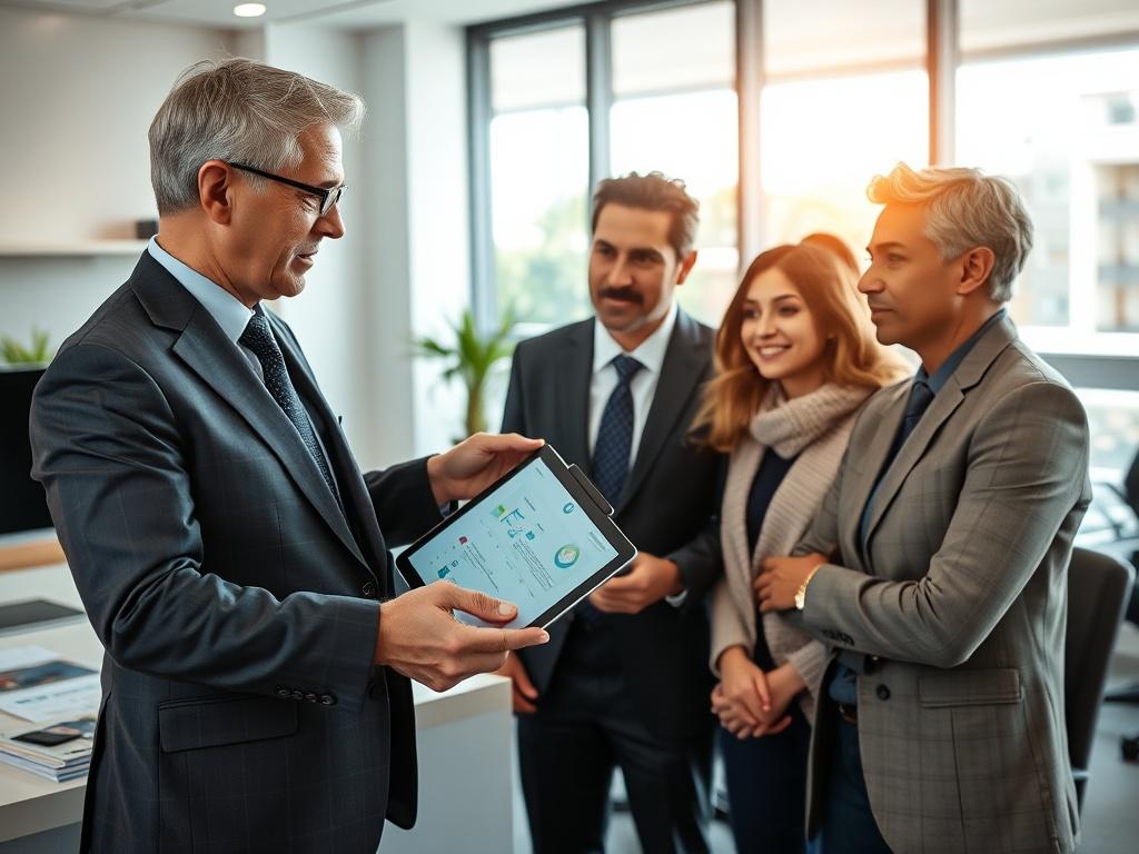 A close-up shot of a confident insurance consultant discussing Property & Casualty insurance with clients in a bright, modern office setting. The consultant, a middle-aged professional wearing a suit, gestures towards a digital presentation on a tablet while clients, a diverse couple, attentively listen. The background features a sleek desk with insurance brochures and a large window letting in natural light, creating a welcoming atmosphere. The image should reflect trust and professionalism, captured with 