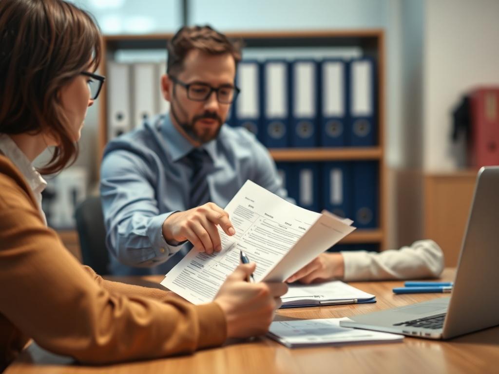 A close-up shot of a claims consultant reviewing paperwork with a client in an office, both appearing engaged in conversation. The consultant is pointing to a document while the client is taking notes. The background should show a professional office setting with organized files, creating an impression of clarity and support. The focus should be on the collaborative effort between the consultant and the client.