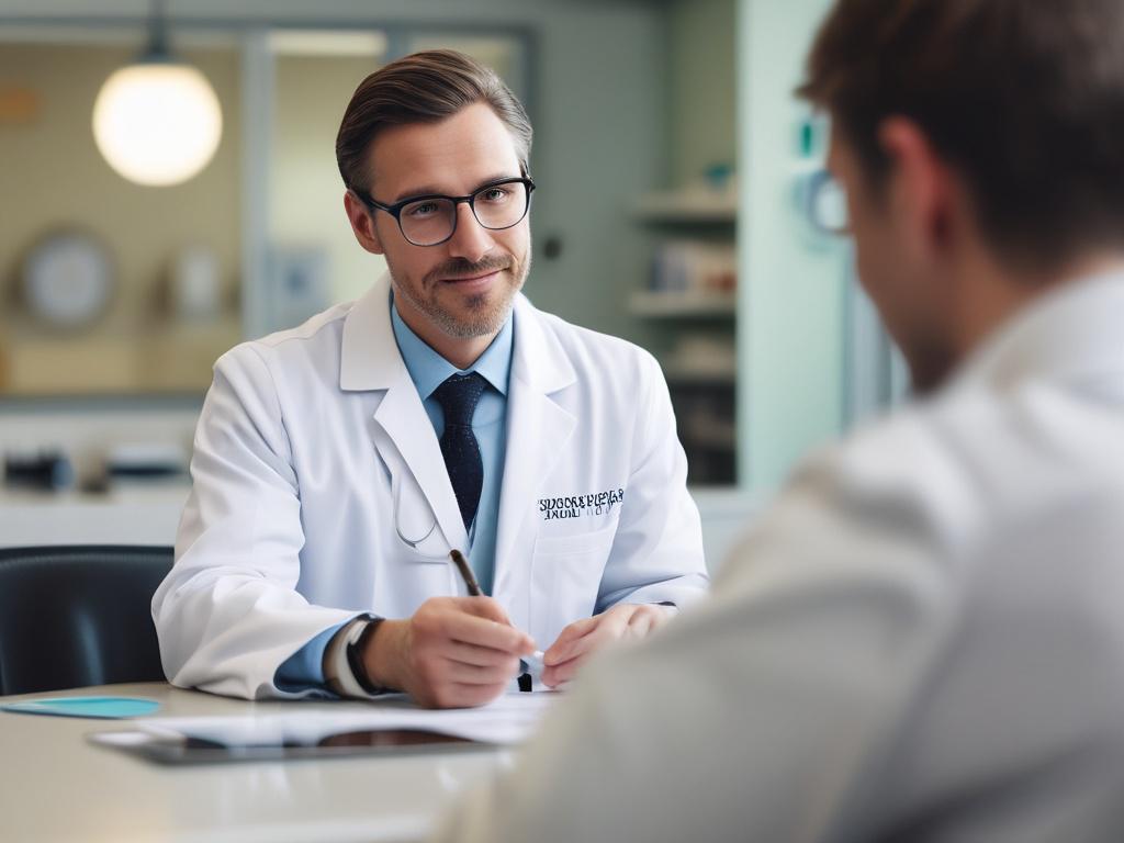 A close-up shot of Dr. Ryan Engdahl, a compassionate healthcare provider, engaged in a patient consultation in a modern clinic. The doctor is wearing a white coat, smiling warmly, and holding a tablet with a digital chart displayed. The background is softly blurred to emphasize the doctor and create a welcoming atmosphere. The color palette incorporates shades of warm beige, harmonizing with the primary color rgb(193, 153, 87). There are no visible wounds in the image.