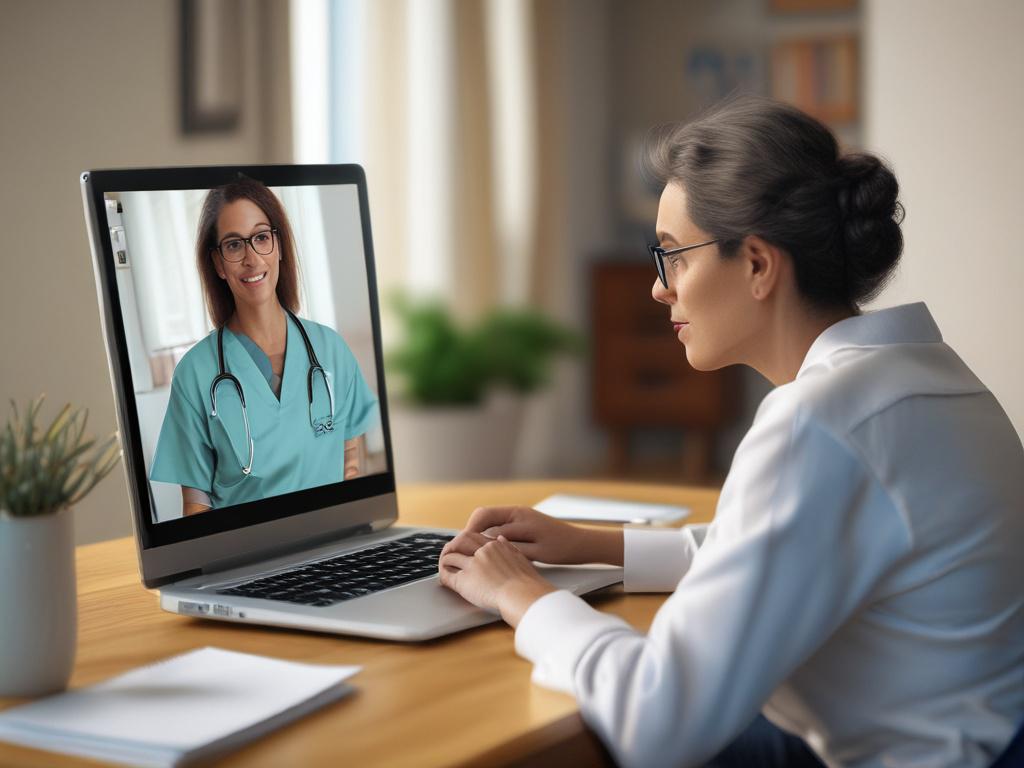 A close-up shot of a healthcare provider conducting a virtual education session on a laptop, with a warm and inviting atmosphere. The provider, a middle-aged woman with glasses, is engaging with a diverse group of caregivers and patients visible on the screen. The background features soft lighting, a cozy office space with medical books and a plant, creating a professional yet friendly environment. The image should capture the essence of online learning in healthcare, emphasizing connection and education.