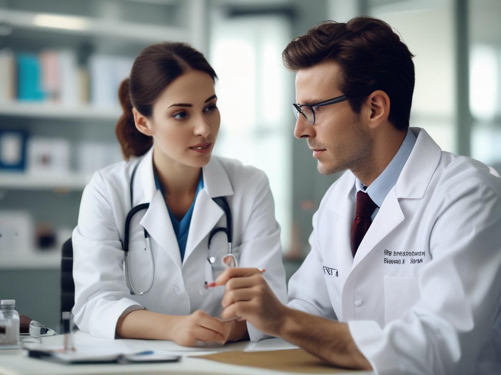 A realistic high-resolution photo showing a male and female doctor discussing a patient's wound care plan. The composition is simple and clear, focusing on the two professionals in a clinical setting. The male doctor, wearing a white coat, holds a tablet displaying wound images, while the female doctor attentively listens and takes notes. The background is softly blurred to emphasize the doctors, with medical equipment subtly visible. The shot is a close-up with a 45mm f/1.2 lens style, capturing their focu