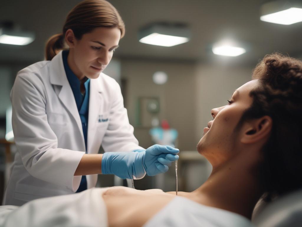 A hyper-realistic close-up shot of a healthcare professional gently attending to a patient’s wound in a well-lit facility. The background features modern medical equipment and a soothing color palette. The healthcare worker, wearing a professional uniform, is focused on the task, showcasing compassion and expertise. The image captures the essence of advanced wound care in a supportive environment, with an emphasis on the healing process.