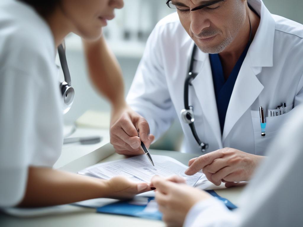 A hyper-realistic close-up image showing a healthcare provider consulting with a patient about wound care. The shot captures the provider’s hands holding educational materials, with a softly blurred background featuring blue hues consistent with rgb(2, 86, 197). The image is captured with a 45mm f/1.2 lens to highlight the compassionate interaction.