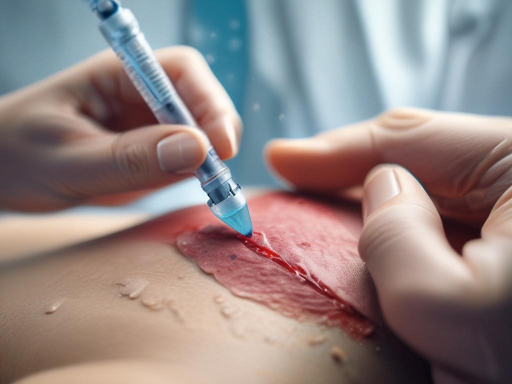 A hyper-realistic close-up image of a medical professional carefully applying a tissue graft onto a patient's wound. The photo is taken with a 45mm f/1.2 lens, focusing sharply on the hands and graft material. The background features a subtle blue tone matching rgb(2, 86, 197), softly blurred to emphasize the precision and care involved in the procedure.
