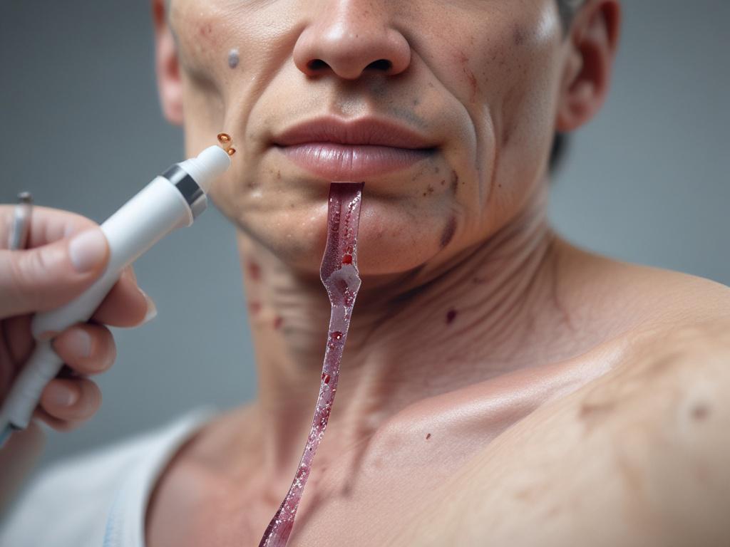 A close-up shot of a Negative-Pressure Wound Therapy device attached to a patient's skin near a healing wound. The image is rendered in hyper-realistic style with high resolution, using a 45mm f/1.2 lens effect. The background is softly blurred, incorporating the rgb(2, 86, 197) primary color subtly in the device's interface and surrounding environment.