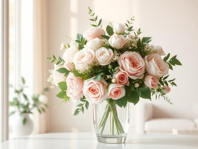 **Prompt for AI Image Generator:**

Create a realistic high-resolution photo titled "The Art of Floral Arrangements." The image should feature a single, stunning floral arrangement as the focal point. The arrangement should be a harmonious mix of soft pastel flowers, including blush peonies, white roses, and delicate greenery, artfully arranged in an elegant, contemporary vase made of transparent glass. 

Compose the shot with a clean and simple layout, placing the floral arrangement centrally against a sof