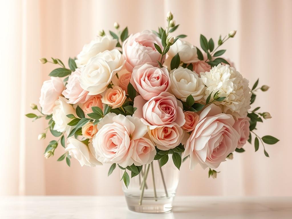 A luxurious floral arrangement featuring soft pastel flowers such as