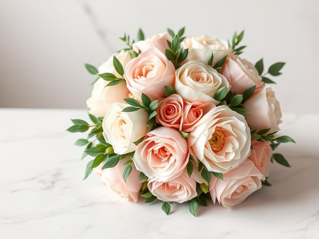 A beautiful bridal bouquet featuring soft pastel roses, peonies, and