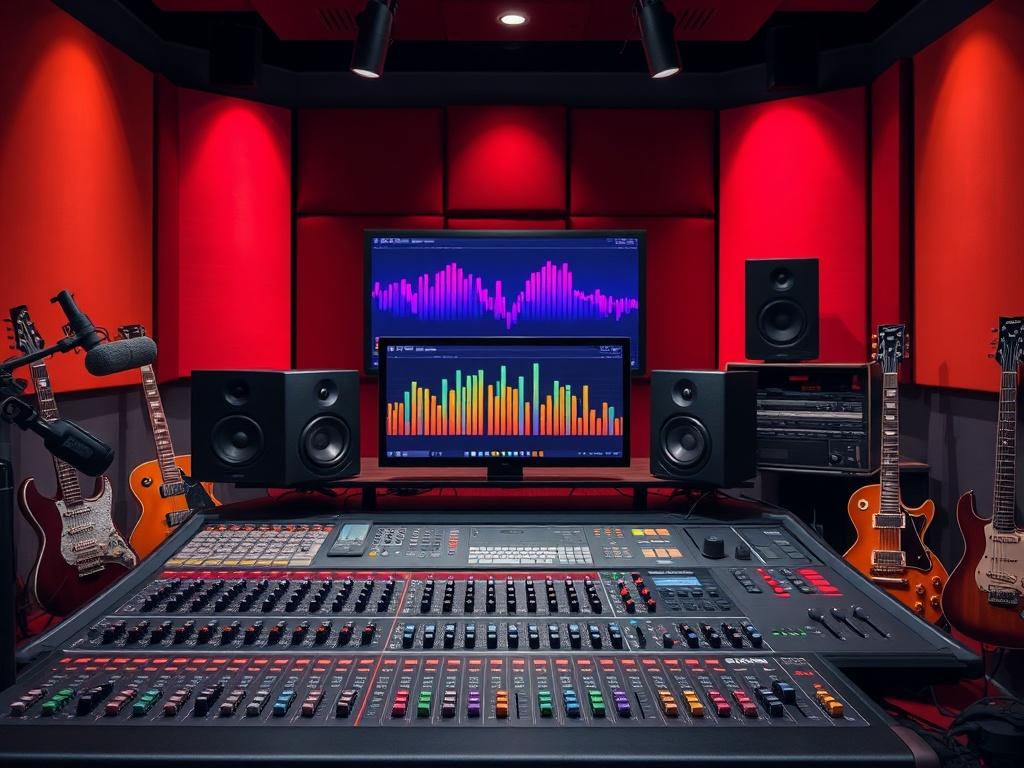 A high resolution of a vibrant recording studio with professional