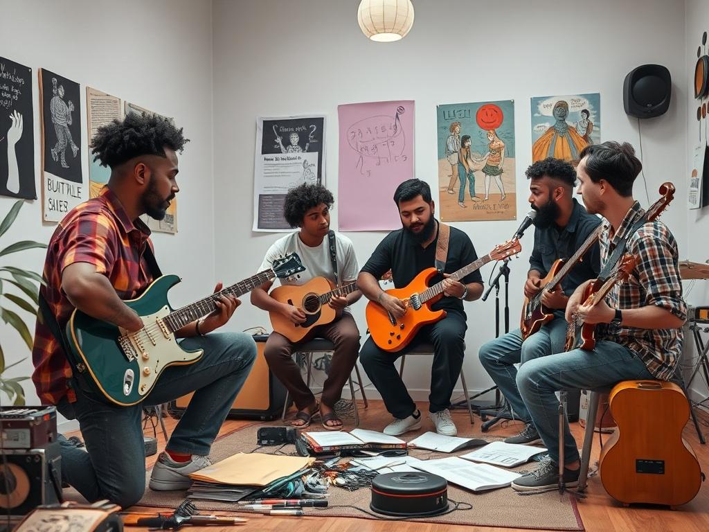 A high resolution of a diverse group of musicians collaborating