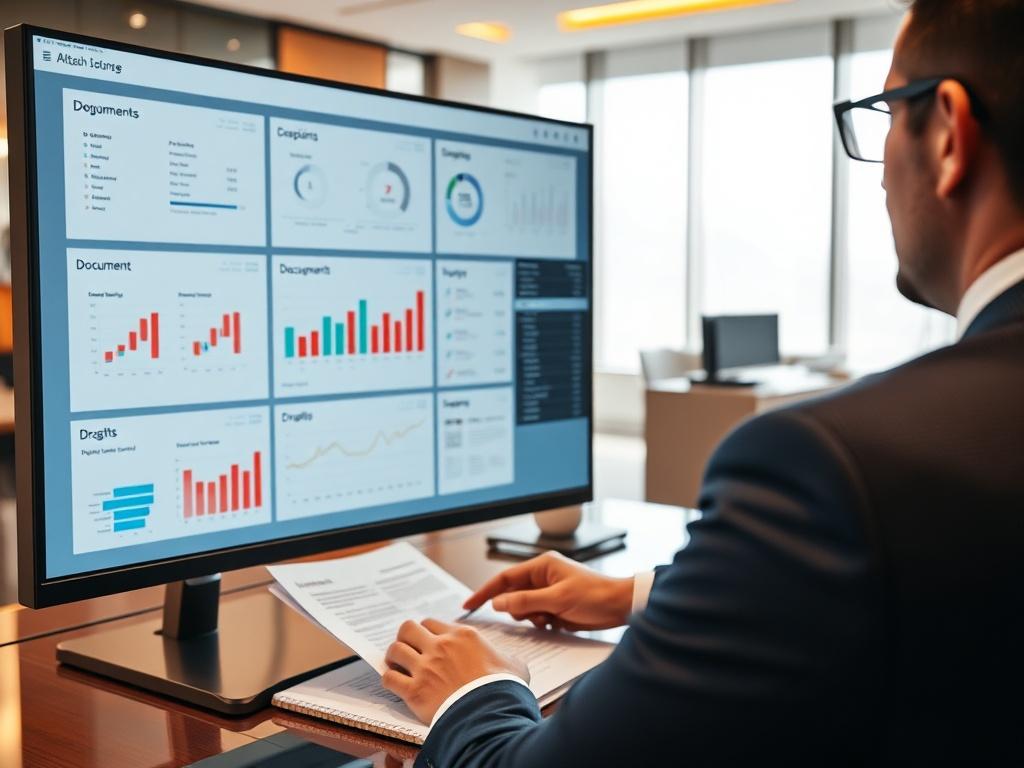 A close-up shot of an executive reviewing multiple documents on a large monitor in a high-end office. The monitor displays a dashboard with analytics and document drafts. The environment should exude professionalism and sophistication, with rgb(50, 170, 39) accents in the decor. The focus should be on the monitor and the documents, captured in a hyper-realistic style using a 45mm f/1.2 lens.