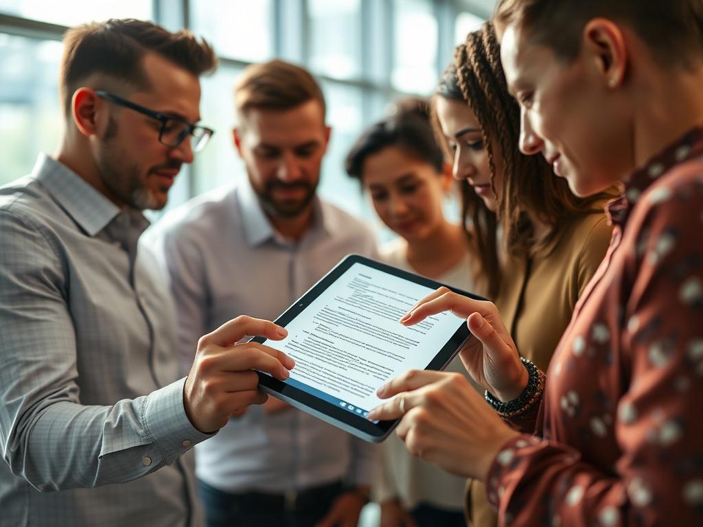 A close-up shot of a team collaborating on a document draft on a tablet in a bright, modern office. The atmosphere should convey teamwork and efficiency. The document on the tablet should show multiple edits and comments. The background should be softly blurred, maintaining focus on the tablet screen, with accents of rgb(50, 170, 39) to align with the DocDraft branding. Shot with a 45mm f/1.2 lens style for clarity and depth.