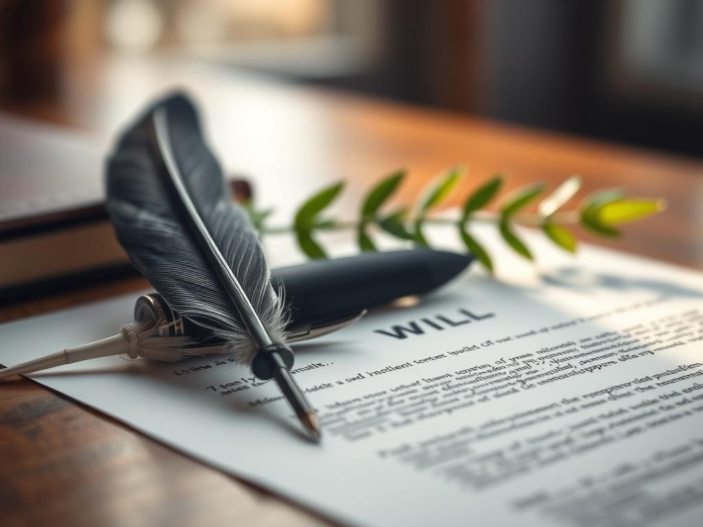 A close-up shot of a beautifully crafted will document with a feather quill pen resting beside it. The document is elegantly displayed on a wooden desk with soft natural lighting highlighting the details of the text. A subtle green plant is blurred in the background, adding a serene and peaceful atmosphere. The overall composition conveys trust and professionalism.