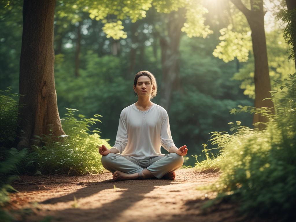 A serene individual meditating in a peaceful outdoor setting, surrounded