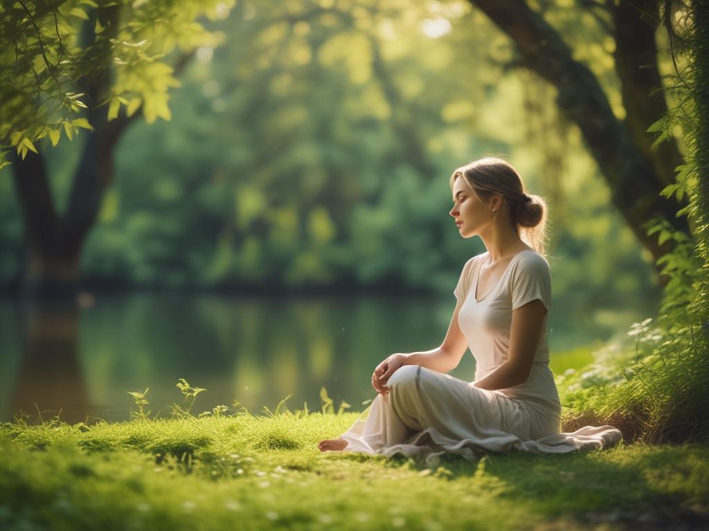 A serene individual sitting peacefully in nature, surrounded by soft