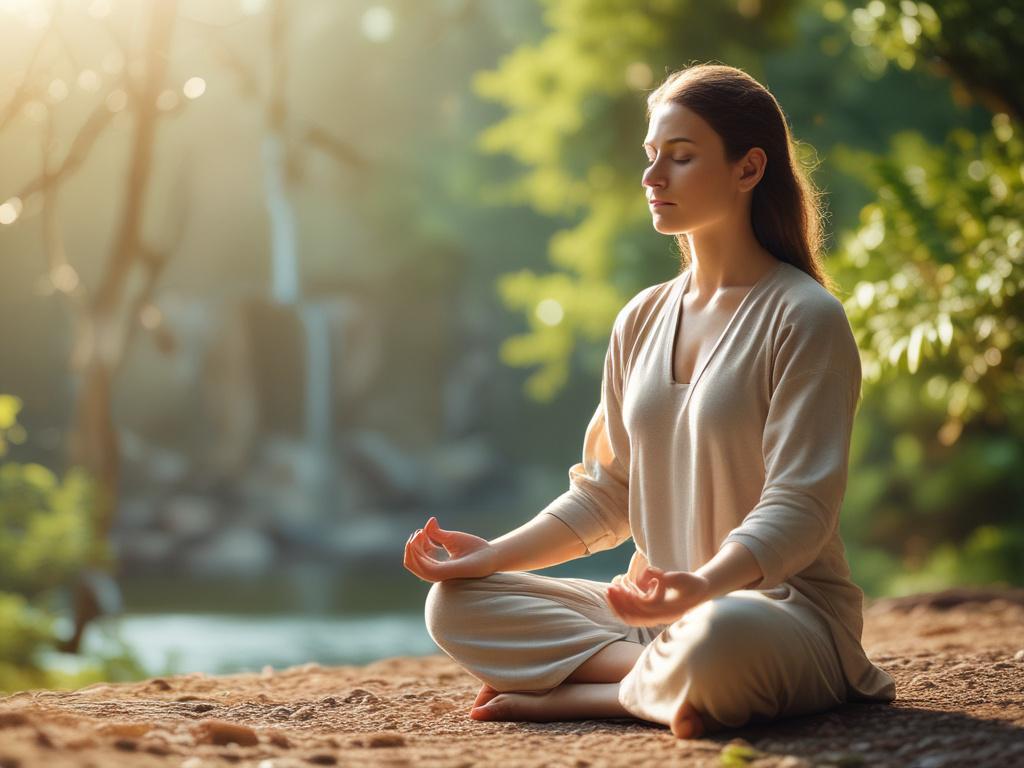 A serene person meditating in a peaceful environment, soft lighting,