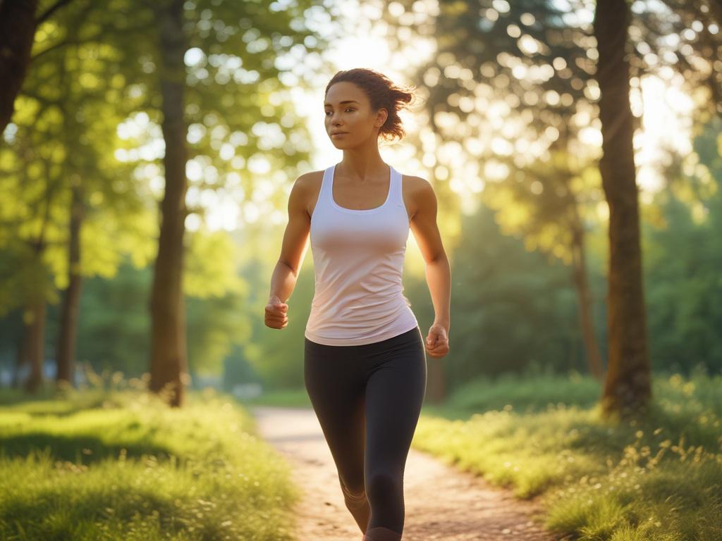 A vibrant individual engaging in outdoor exercise, bright sunlight, gentle