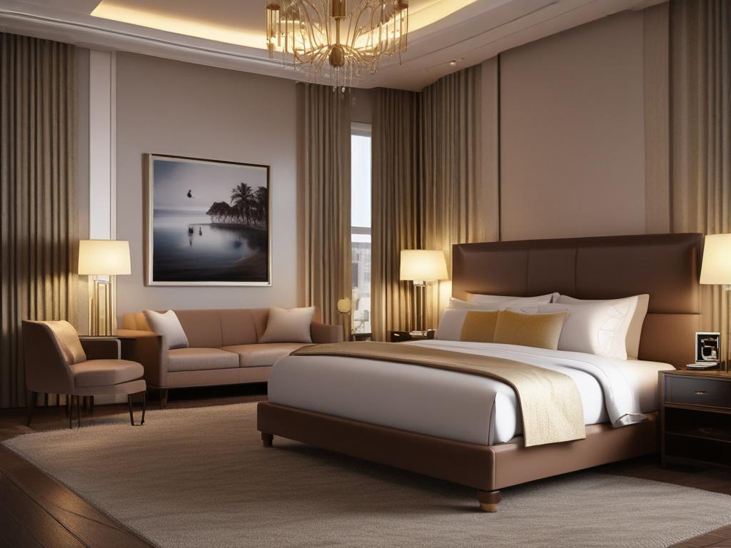 A stunning, elegant escort in a luxurious hotel room setting,