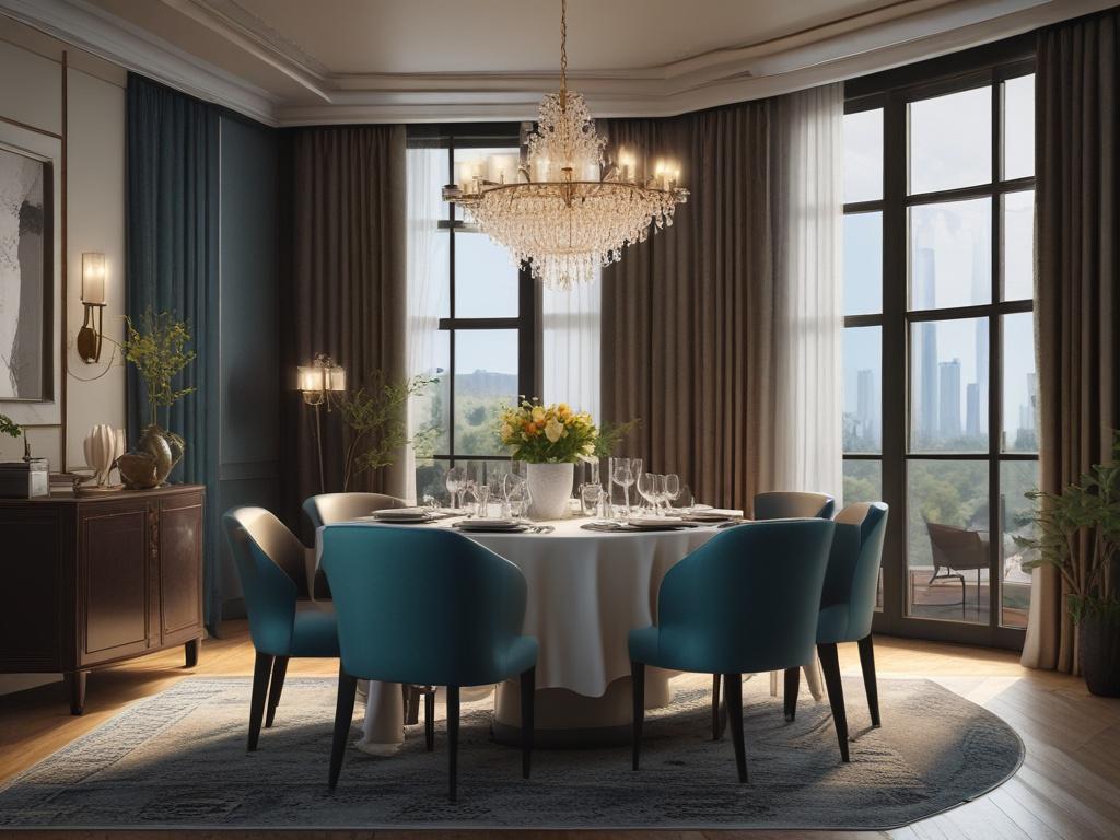 A sophisticated escort dressed elegantly, seated at a beautifully set