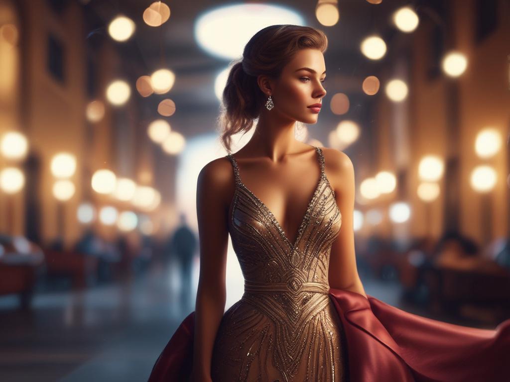 A glamorous woman dressed in a stunning evening gown, elegantly