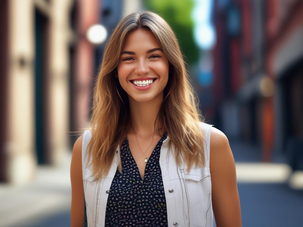 A vibrant young woman in a stylish outfit, smiling and